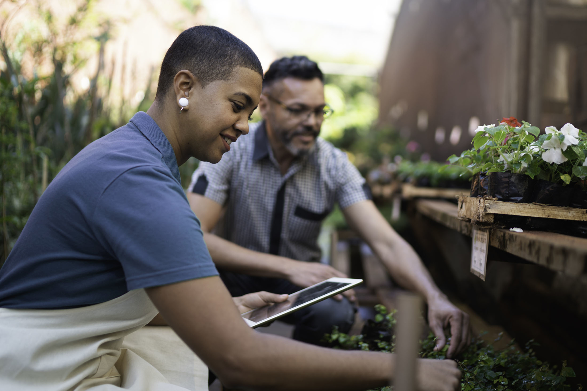 Florist Partners Using Tablet at Small Business Flower Shop